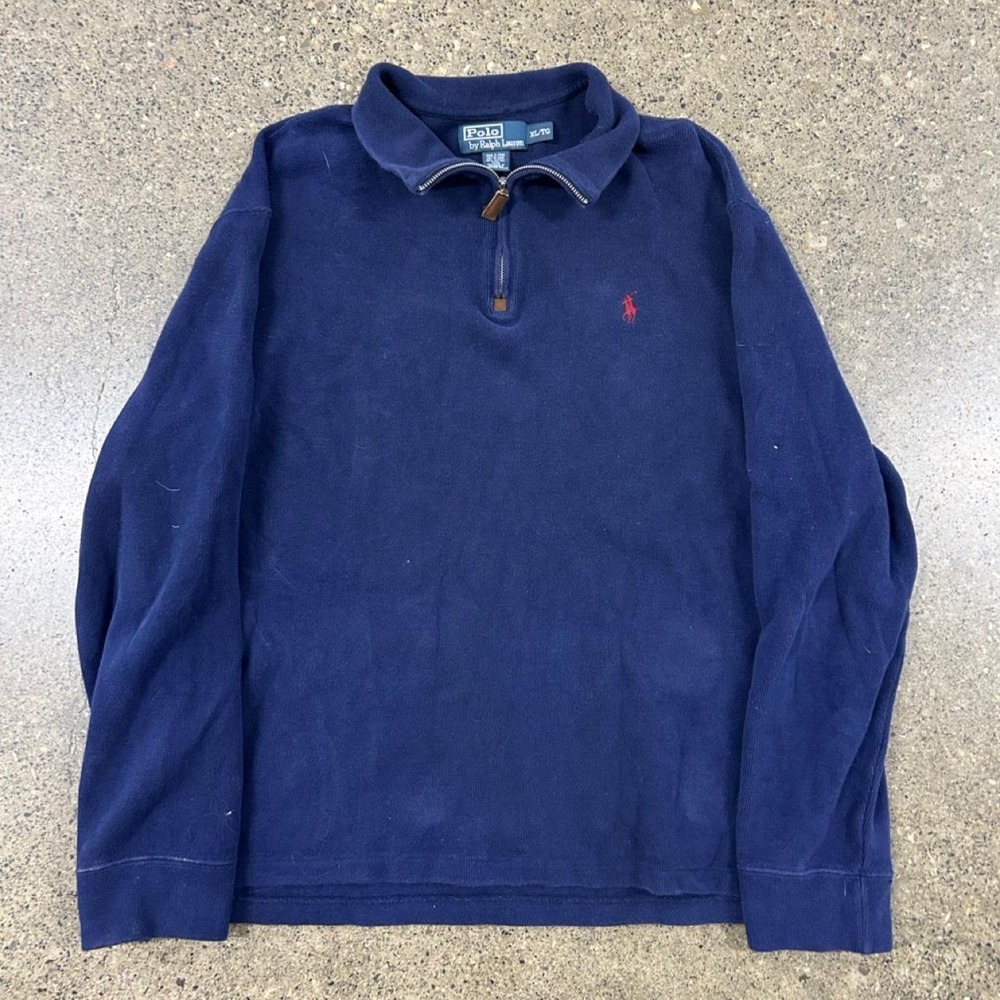 Vintage 90s Navy Blue Polo Ralph Lauren Quarter Zip Cotton Sweatshirt (Size XL)